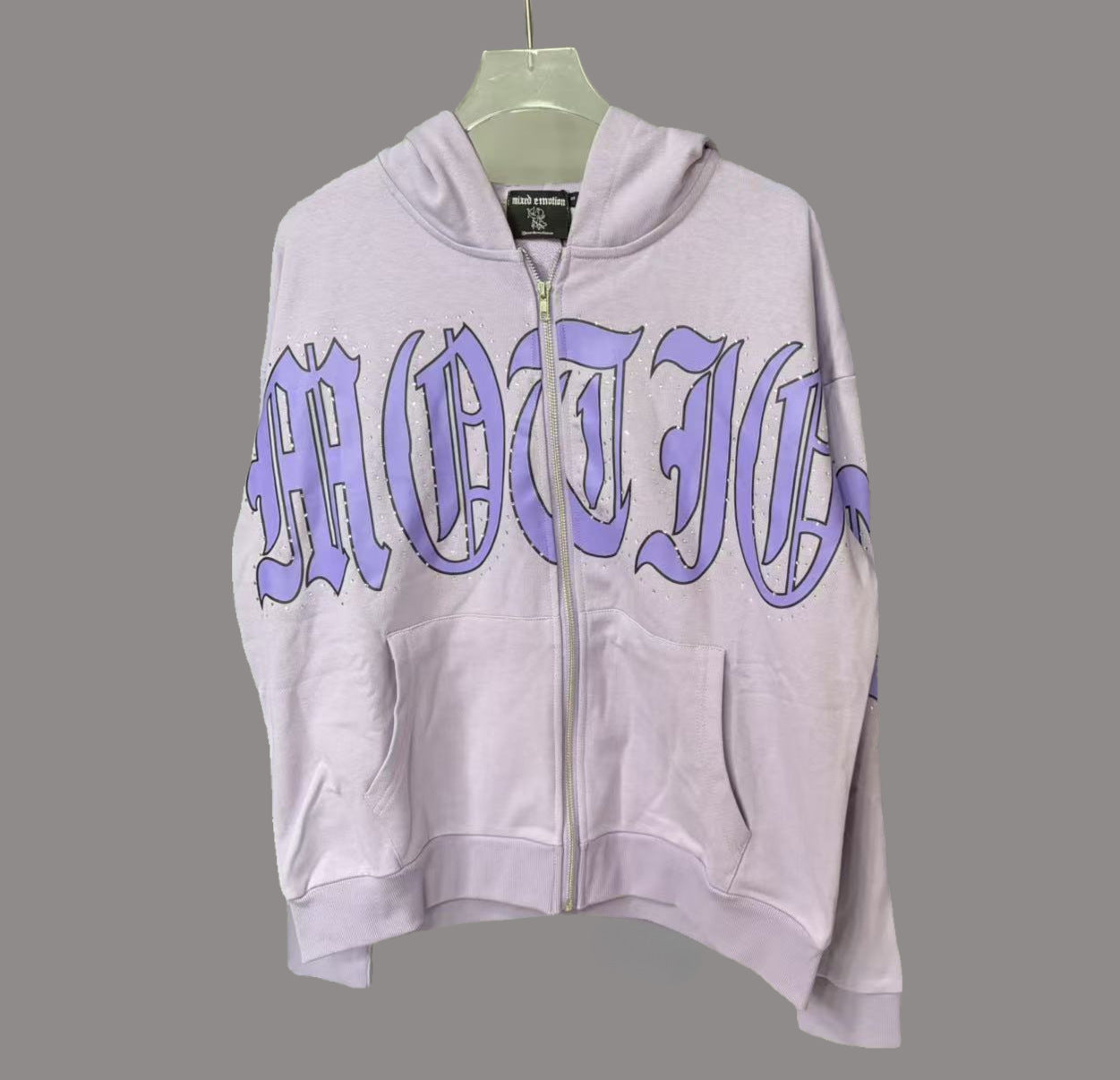 MIXED EMOTION Vintage Rhinestone Purple Lettering Full-Zip Hoodie (Lilac)
