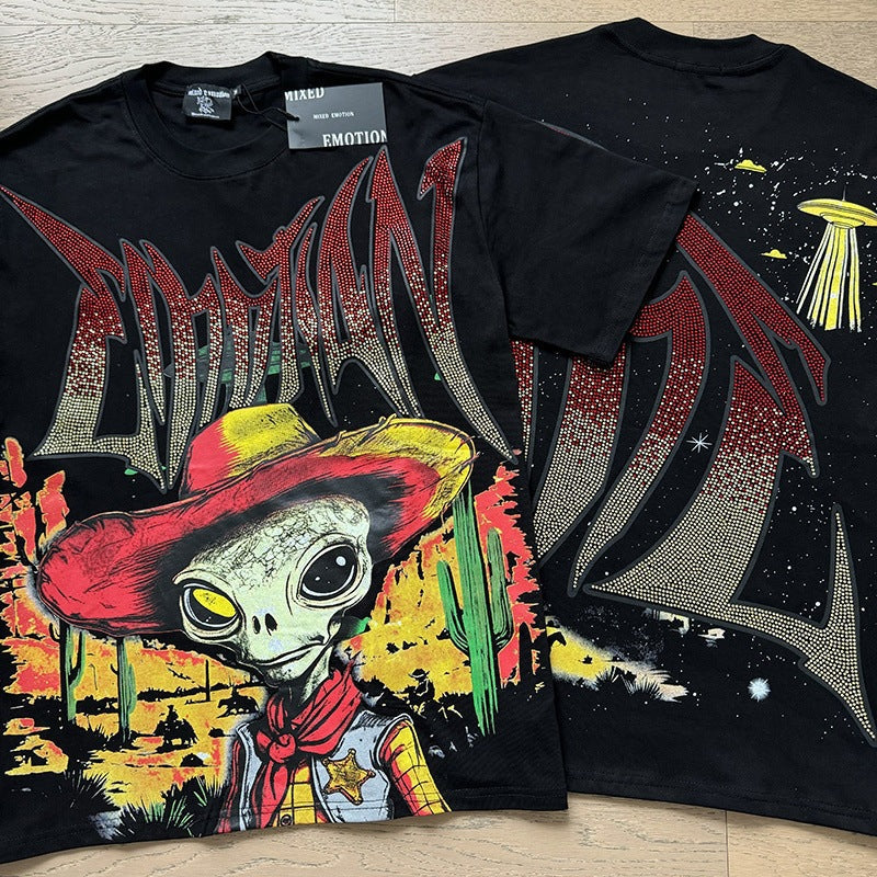 MIXED EMOTION Vintage Rhinestone Alien Cowboy Graphic T-Shirt (Black)