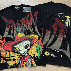 MIXED EMOTION Vintage Rhinestone Alien Cowboy Graphic T-Shirt (Black)