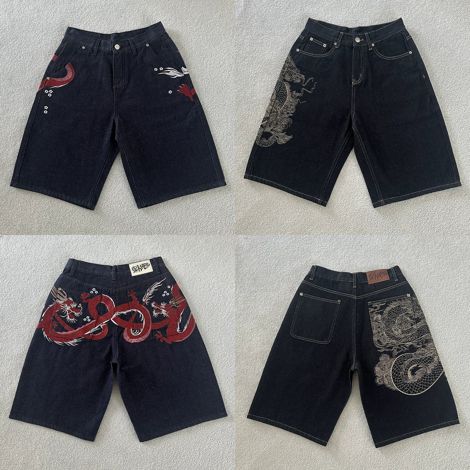 Protective Chinese dragon-patterned embroidered denim shorts